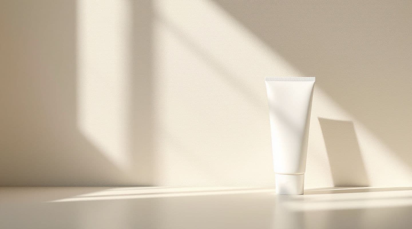 An unlabelled sunscreen tube in soft light on a pale plaster wall, with a gentle arc of sunlight across the surface